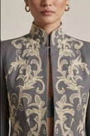 Nadya Shah gray denim jacket from the ELYSEE collection, featuring classic collar and button-front design.