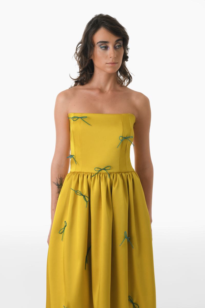 CORSET DRESS WITH CRYSTAL BOW TIES IN YELLOW AND TEAL - CULT MIA