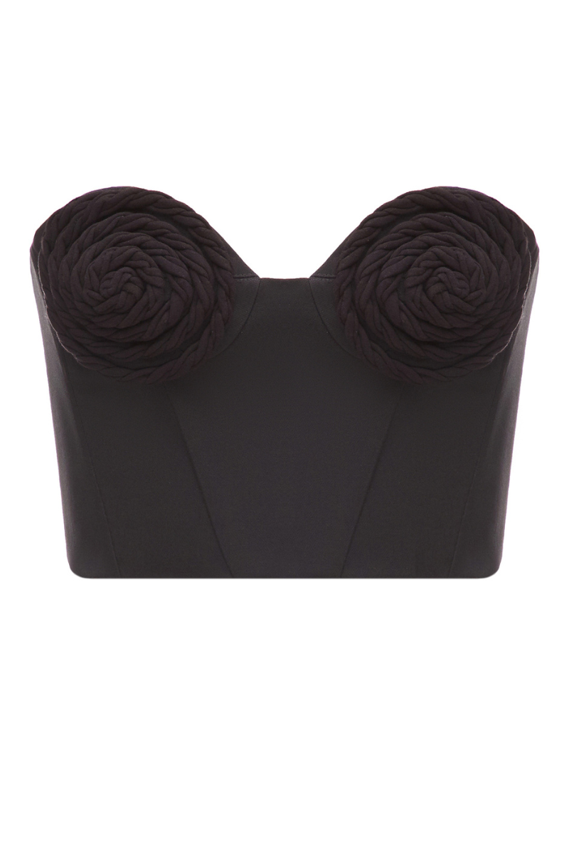 Black mini corset top with built-in bra details by ELENAREVA, featuring a fitted design and supportive structure.