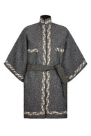 Nadya Shah Anya belted gray boucle jacket with a tailored fit, featuring a waist belt and textured fabric.