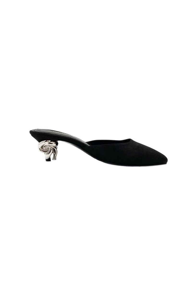 Black Orbit Heels by Yassmin Saleh featuring sleek straps and a stylish stiletto heel for elegant evening wear.