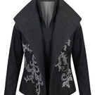 Nadya Shah Delphi denim blazer in deep indigo denim, stylish jacket with classic fit and button closure, shown on a mannequin.