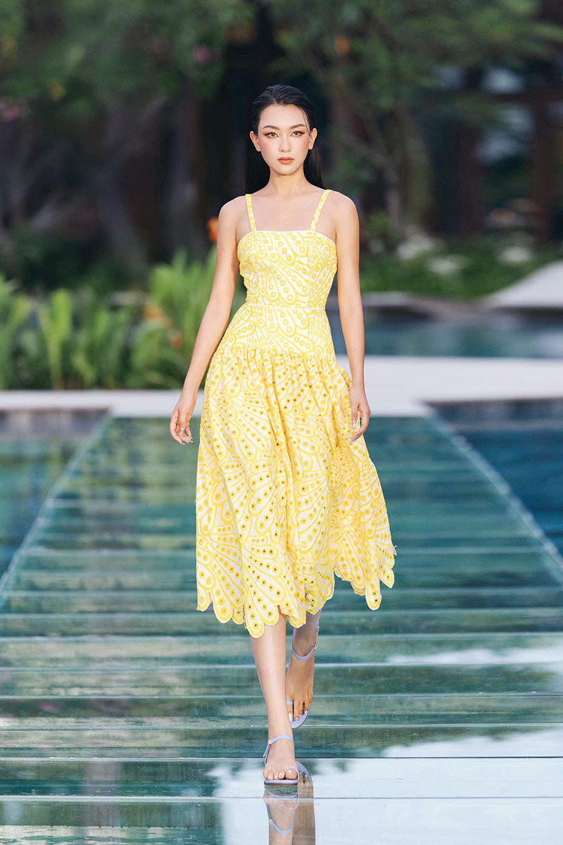 FLORAL EYELET MIDI DRESS IN YELLOW | CULT MIA | Valenciani FLORAL EYELET MIDI DRESS IN YELLOW | CULT MIA | Valenciani