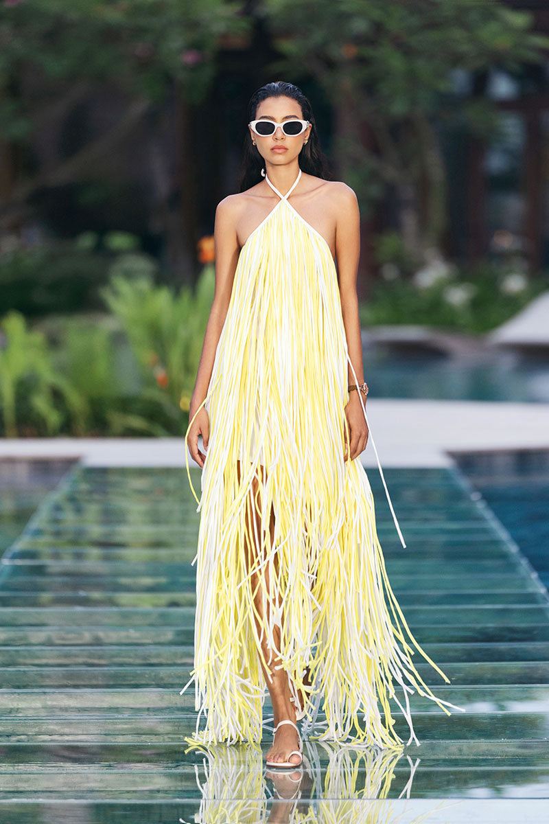 HALTER NECK FRINGED DRESS IN YELLOW HALTER NECK FRINGED DRESS IN YELLOW