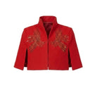 Nadya Shah Cape Éclat in Rouge, stylish jacket with flowing fabric and vibrant red color, showcased on a model.