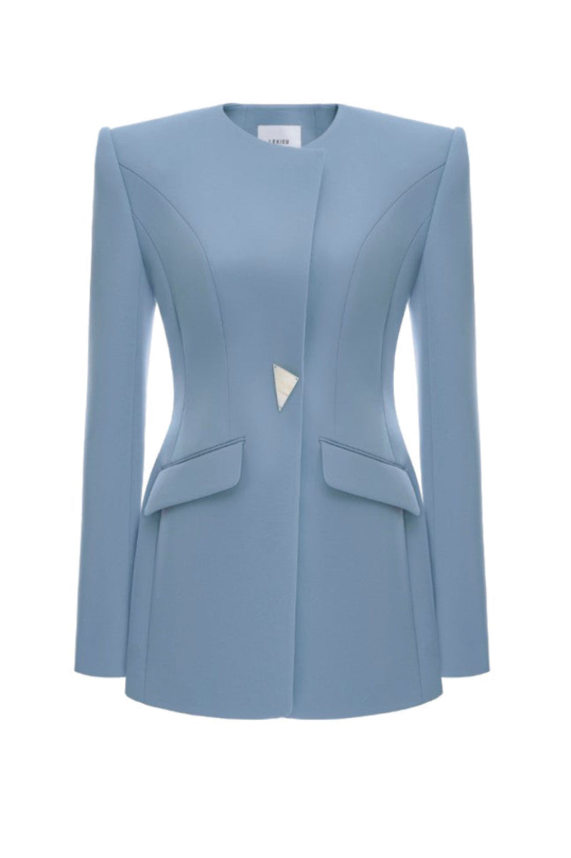 LEKIEU Berlin blue jacket featuring a sleek design, front zipper, and stylish collar on a neutral background.