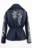 Nadya Shah Delphi denim blazer in deep indigo denim, tailored jacket with classic collar and button closure, stylish and versatile.