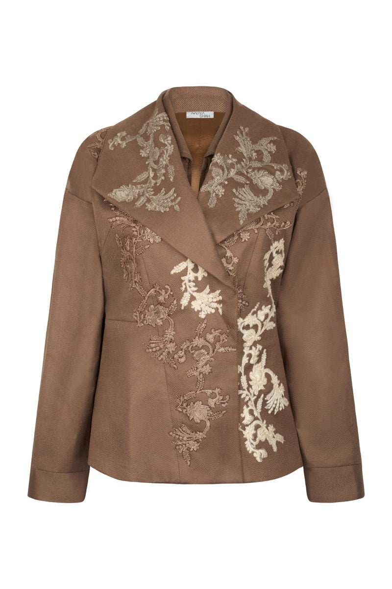 HALYCON WRAP COLLAR JACKET IN BROWN