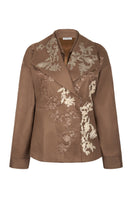 Nadya Shah brown wrap collar jacket with tailored fit, featuring a stylish collar and sleek design, perfect for a sophisticated look.