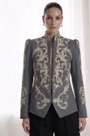 Nadya Shah ELYSEE Gray Denim Jacket with classic collar and button closure, displayed on a hanger.