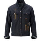 Nadya Shah Zahara denim jacket in indigo with classic fit and button-front design, displayed on a hanger.