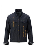 Nadya Shah Zahara denim jacket in indigo with classic fit and button-front design, displayed on a hanger.