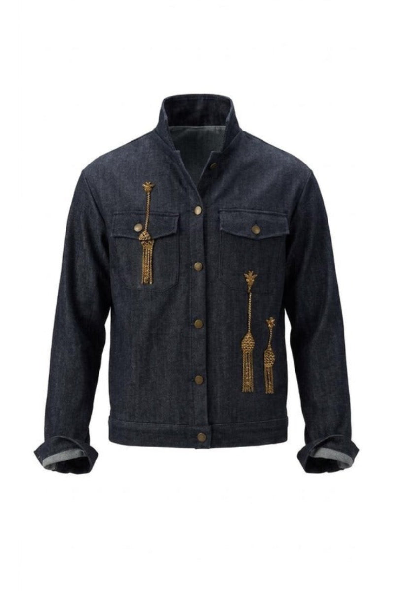 Nadya Shah Zahara denim jacket in indigo with classic fit and button-front design, displayed on a hanger.