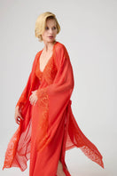 Bocan Couture Gabriella long silky chiffon robe draped on a hanger, showcasing its flowing fabric and elegant design.