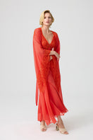 Bocan Couture Gabriella long silky chiffon robe displayed hanging with flowing fabric and elegant design.