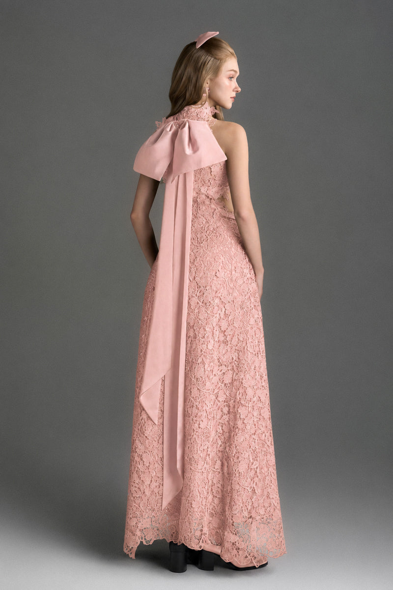Light pink floral lace halter midi A-line gown by I.H.F Studio with waist detail, elegant design, and feminine floral pattern.