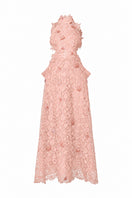 Light pink floral lace halter midi A-line gown with waist detail from I.H.F Studio, perfect for elegant occasions.