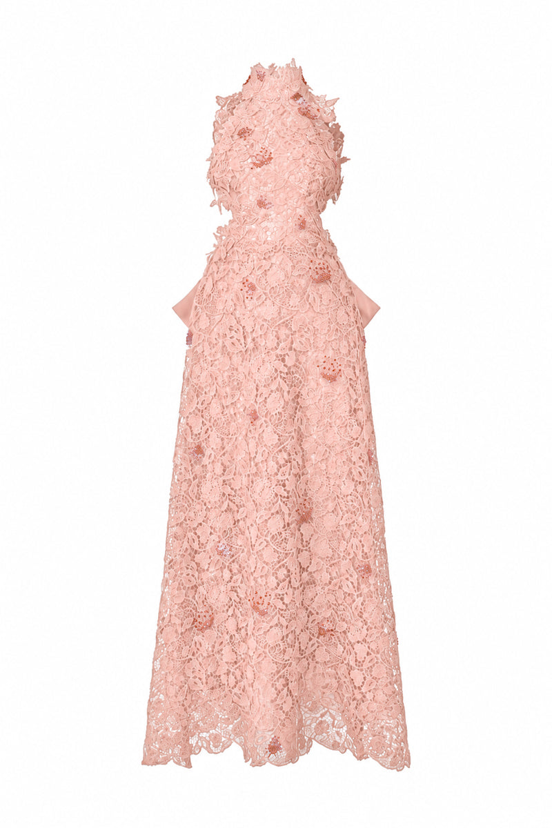 Light pink floral lace halter midi A-line gown with waist detail from I.H.F Studio, perfect for elegant occasions.