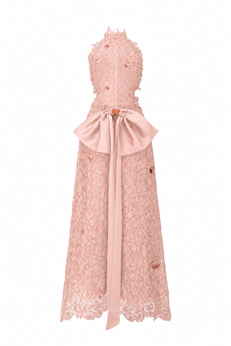 Light pink lace halter midi dress with floral vine pattern, A-line silhouette, from I.H.F Studio, shown with waist detail.