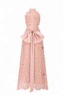 Light pink lace halter midi dress with floral vine pattern, A-line silhouette, from I.H.F Studio, shown with waist detail.