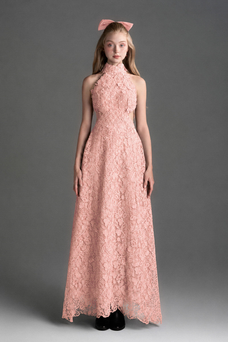 Light pink floral lace halter midi A-line gown by I.H.F Studio featuring a waist detail and elegant design.