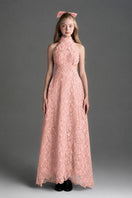 Light pink floral lace halter midi A-line gown by I.H.F Studio featuring a waist detail and elegant design.
