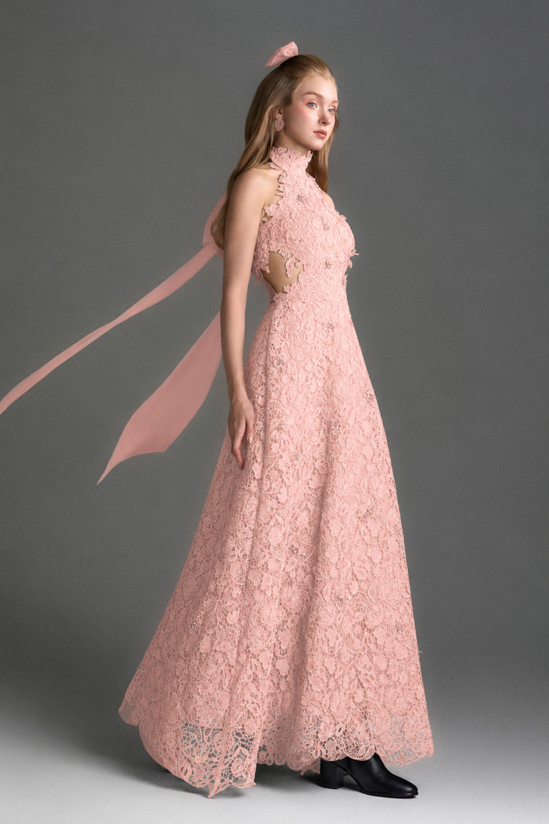 Light pink floral lace halter midi A-line gown by I.H.F Studio featuring a fitted waist and elegant design.
