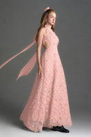 Light pink floral lace halter midi A-line gown by I.H.F Studio featuring a fitted waist and elegant design.