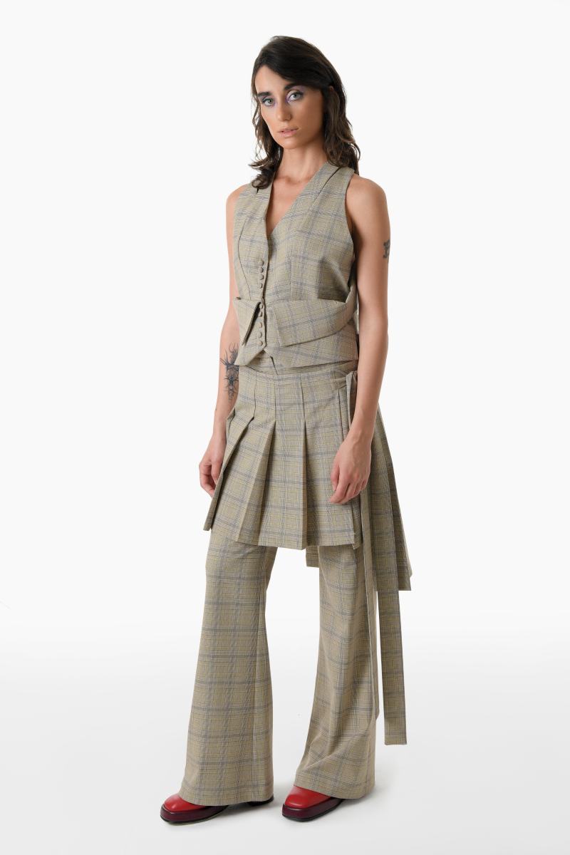 Beige checked V-neck waistcoat by Gvasalia, tailored vest with a V-shaped neckline and stylish checkered pattern.