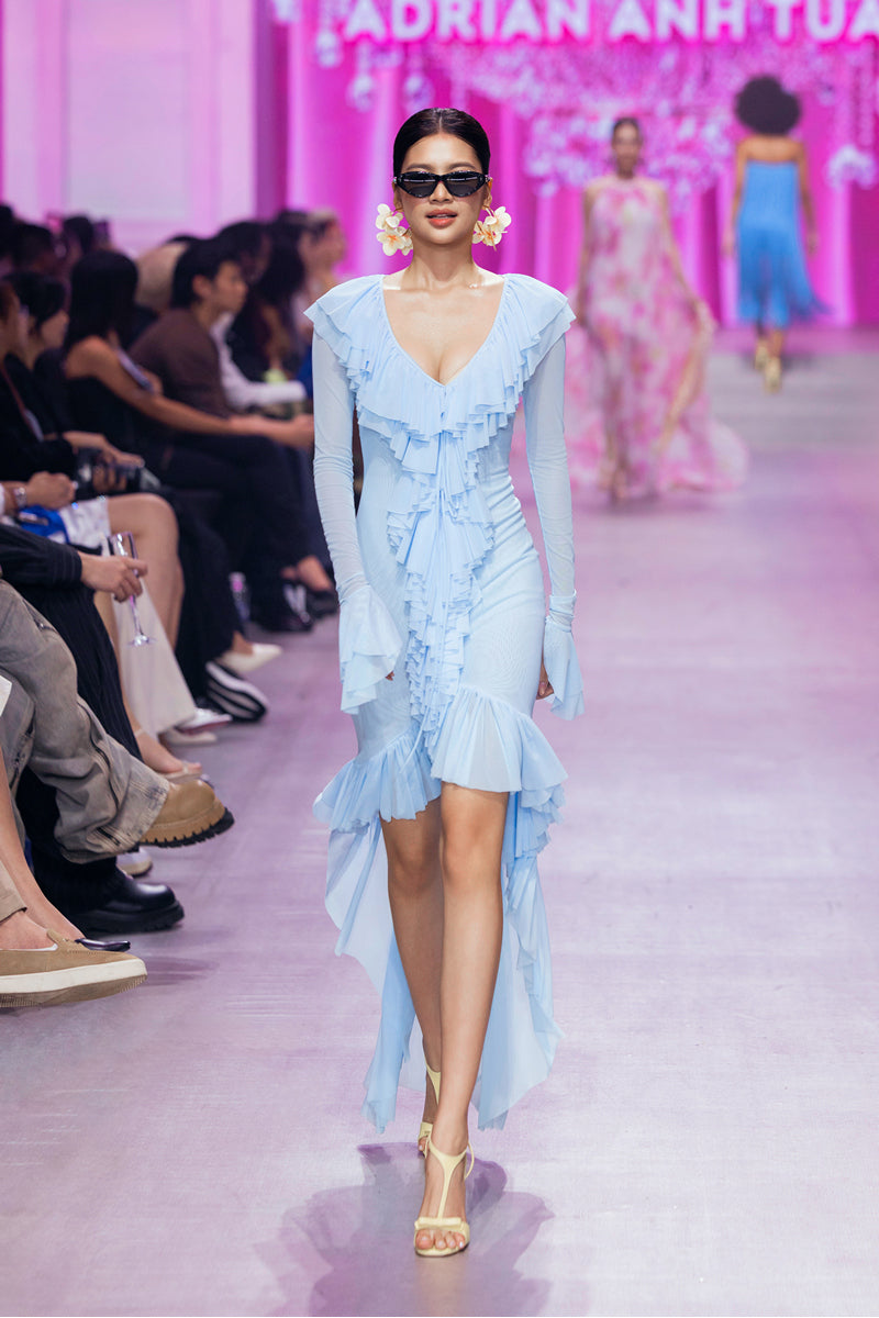 Valenciani CULT MIA X VALENCIANI Seraphina ruffle high-low midi dress with flowing fabric and elegant design.