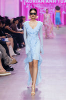 Valenciani CULT MIA X VALENCIANI Seraphina ruffle high-low midi dress with flowing fabric and elegant design.