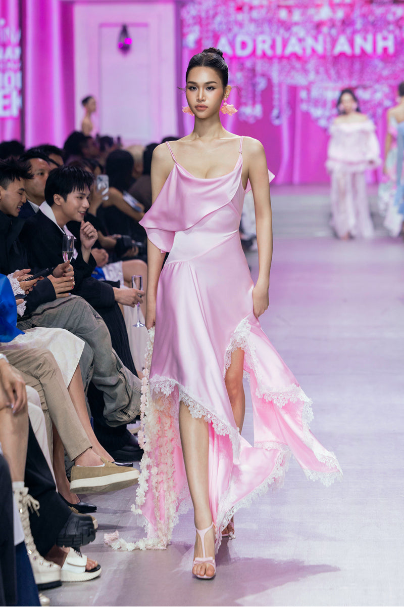 Valenciani CULT MIA X Valenciani cowl neck maxi dress with lace trim and handkerchief hem, elegant and flowing silhouette.