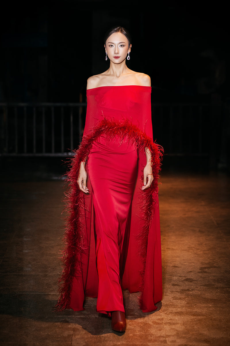 OSTRICH FEATHER TRIM CAPE DRESS IN RED | Valenciani