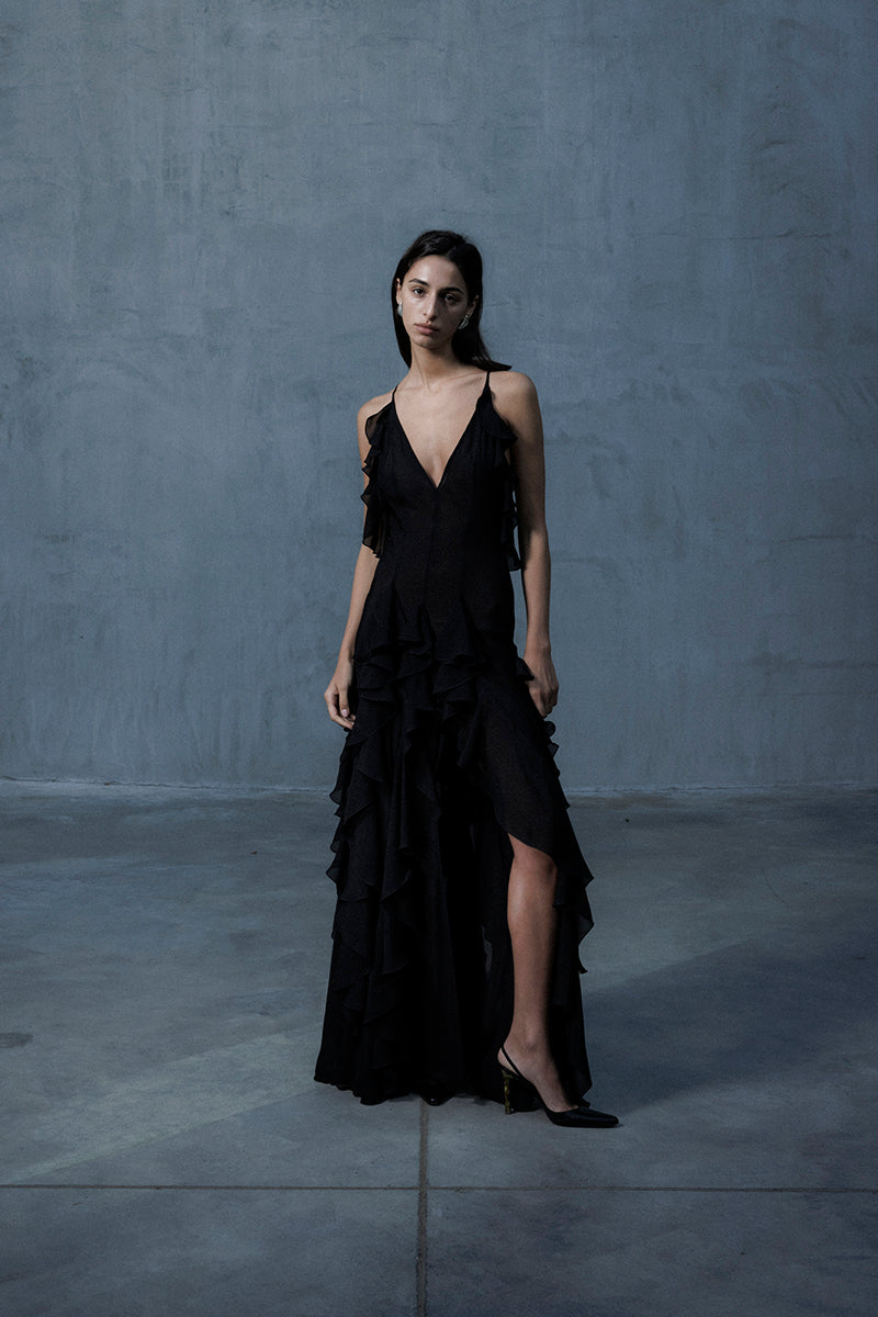 OPEN BACK RUFFLE GOWN IN BLACK - CULT MIA