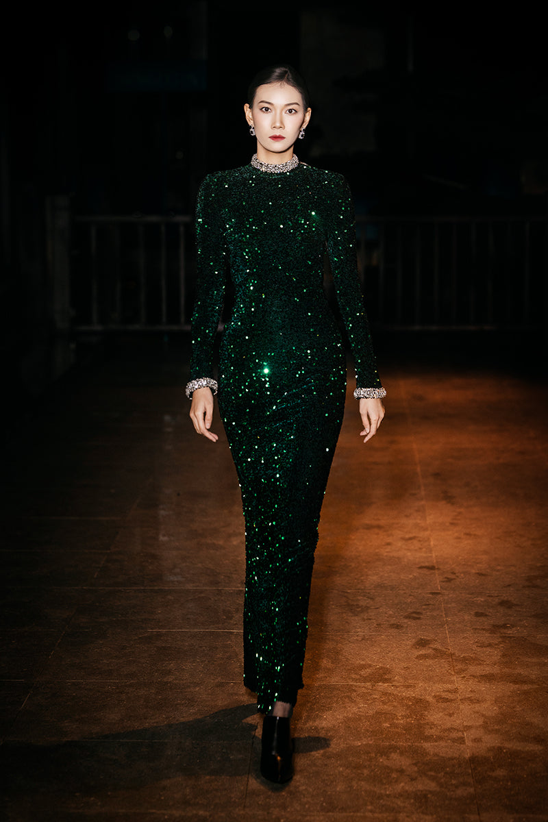 SEQUIN BODYCON MAXI DRESS IN GREEN