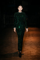 Green sequin Valenciani bodycon maxi gown featuring a fitted silhouette and elegant design.