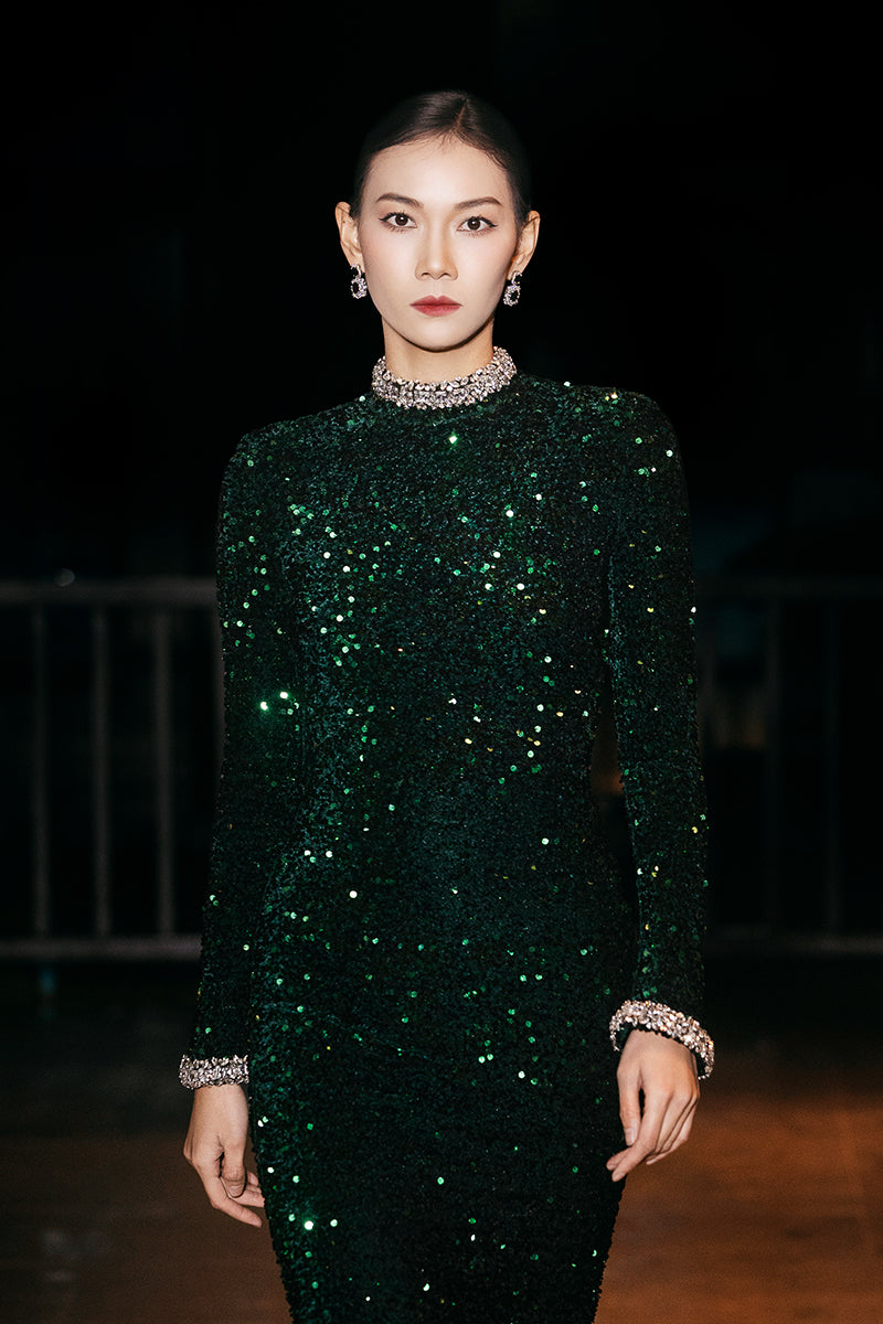 Green sequined bodycon maxi gown by Valenciani, featuring a sleek fit and elegant design, perfect for formal occasions.