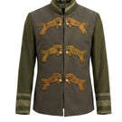 Nadya Shah olive hussar jacket in khaki and olive, featuring tailored design and decorative buttons, displayed on a hanger.