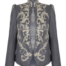 Nadya Shah ELYSEE gray denim jacket with classic collar, button closure, and front pockets, displayed on a hanger.