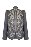 Nadya Shah ELYSEE gray denim jacket with classic collar, button closure, and front pockets, displayed on a hanger.