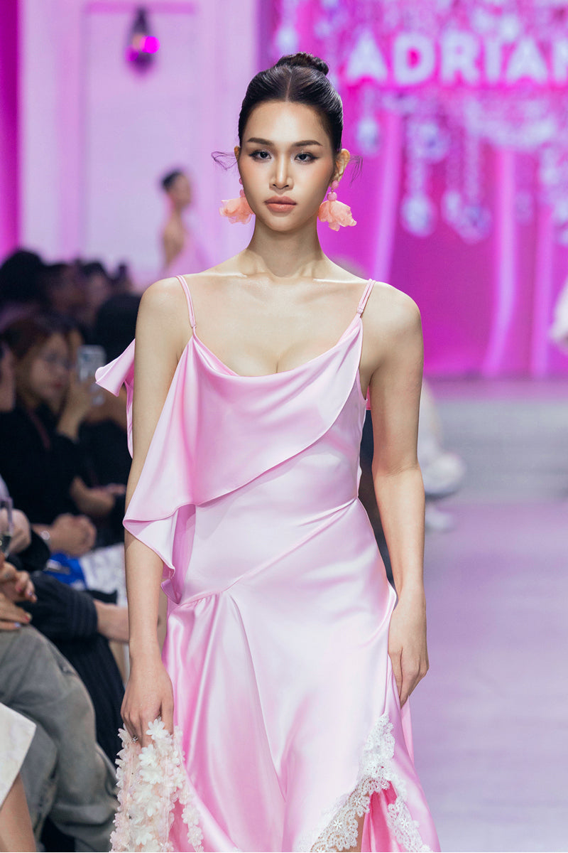 Valenciani CULT MIA X Valenciani cowl neck maxi dress with lace trim and handkerchief hem, elegant and flowing design.