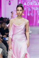 Valenciani CULT MIA X Valenciani cowl neck maxi dress with lace trim and handkerchief hem, elegant and flowing design.