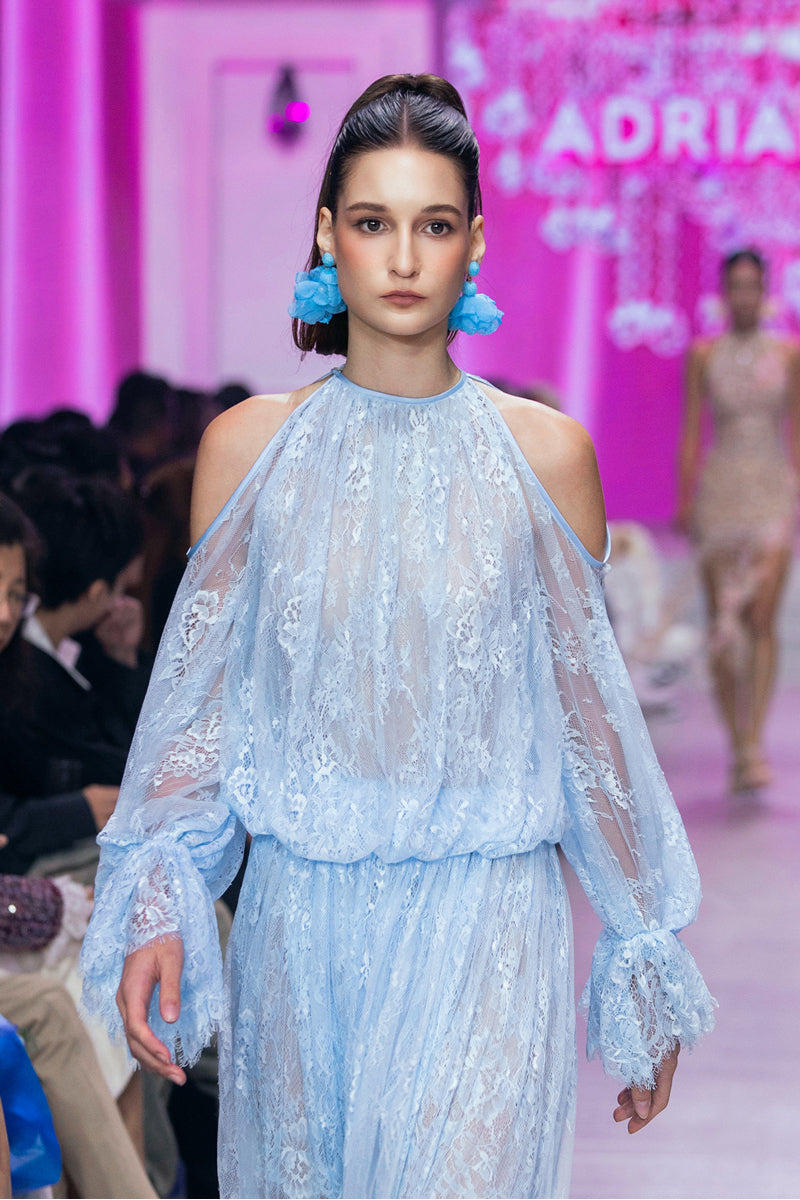 Valenciani ice blue cold shoulder maxi lace dress, featuring elegant lace details and flowing fabric for a sophisticated look.