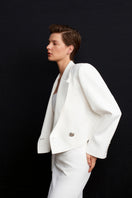 White Ancient Crop Blazer by Acaria Studio, stylish tailored jacket with modern design and clean lines.