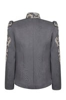 Nadya Shah gray denim jacket from the ELYSEE collection, showcasing a stylish casual jacket with front pockets and button closure.