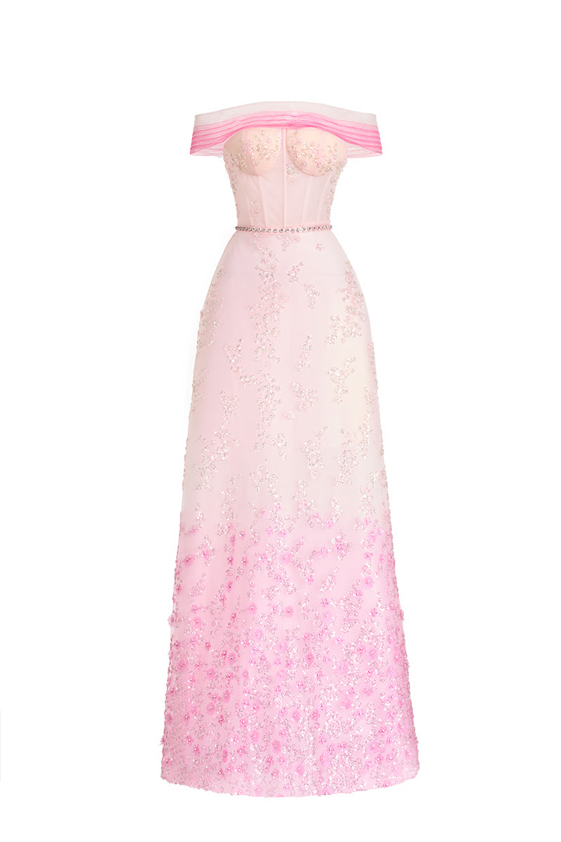 PINK OFF SHOULDER STONE MAXI DRESS