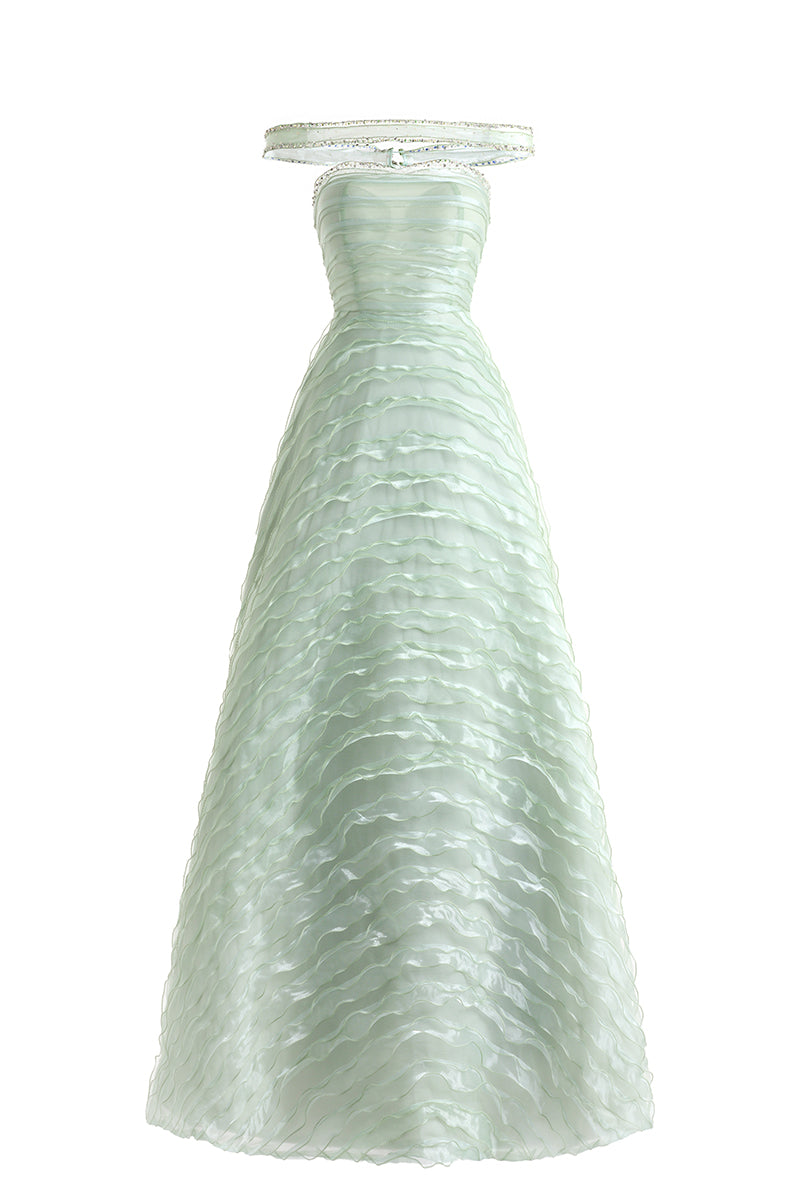 LIGHT MINT OFF SHOULDER ORGANZA MAXI DRESS