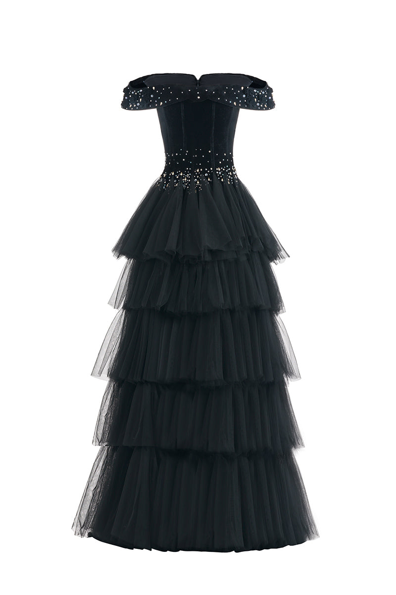 OFF SHOULDER LAYERED ORGANZA MAXI DRESS