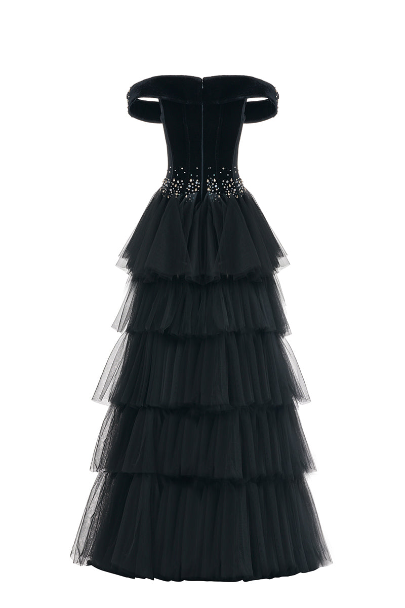 OFF SHOULDER LAYERED ORGANZA MAXI DRESS - CULT MIA