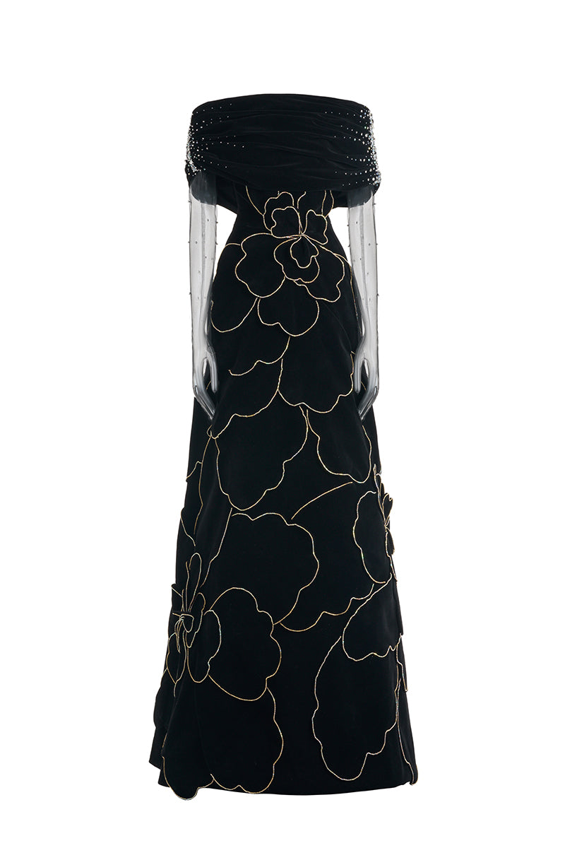 OFF-SHOULDER VELVET MAXI DRESS WITH FLORAL DETAILS